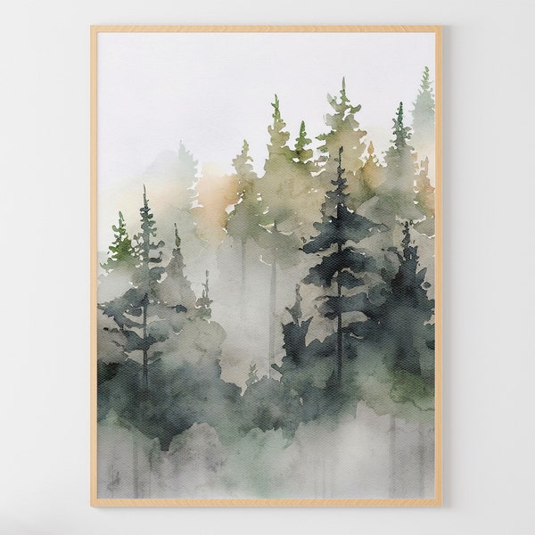 Misty Forest Watercolor Painting Pine Trees Art Print Foggy Forest Poster Nature Print Green Beige Wall Art