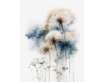 Lámina de acuarela de diente de león, pintura de flores silvestres, arte mural botánico neutro, arte floral minimalista.