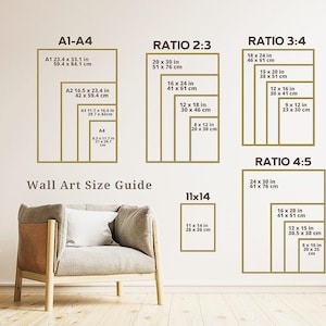 May include: Wall art size guide with dimensions in inches and centimeters. Displays various aspect ratios, including A1-A4, 2:3, 3:4, and 4:5, with corresponding sizes like 24 x 30 inches (61 x 76 cm).