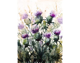 Thistle Flowers Watercolor Art Print Scottish Flowers Painting Scotland Wall Art