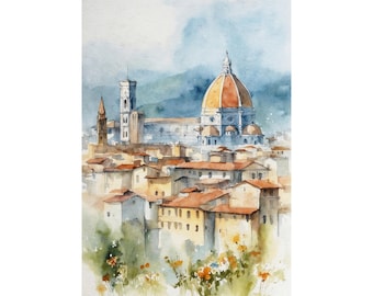 Stampa artistica ad acquerello di Firenze, Italia: paesaggio urbano toscano, fiori selvatici