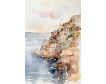 Amalfikusten Akvarellmålning Positano Konsttryck Italienskt Landskap Italien Gamla Stan Poster