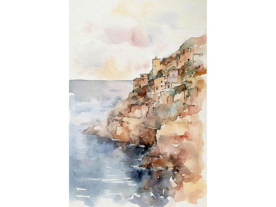 Amalfi Coast Watercolor Painting Positano Art Print Italian Landscape Italy Old Town Poster