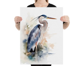 オオアオサギの水彩画、サギの鳥のアートプリント、沿岸の鳥のポスター