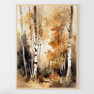 Birch Trees Watercolor Forest Painting Autumn Wall Art Fall Trees Art Print Birch Grove Poster