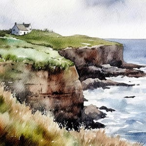 Scotland Coast Painting Cottage Watercolor Isle of Skye landscape Scottish Highlands Art Print