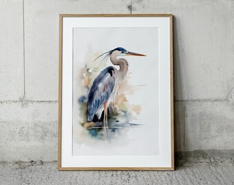 オオアオサギの水彩画、サギの鳥のアートプリント、沿岸の鳥のポスター