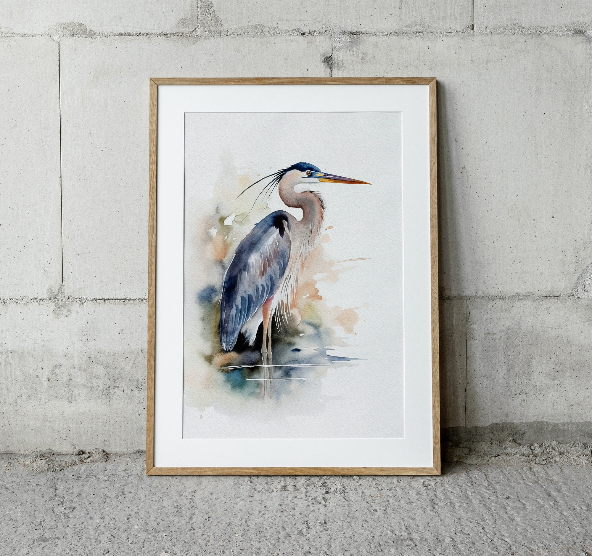 オオアオサギの水彩画、サギの鳥のアートプリント、沿岸の鳥のポスター