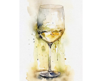 White Wine Watercolor Painting Kitchen Bar Art Print Wine Art