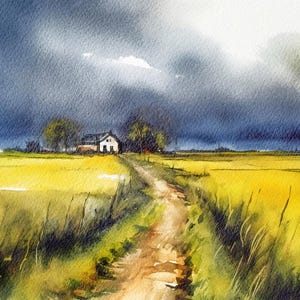 Thunderstorm Landscape Countryside Watercolor Painting Cottage Wall Art Yellow Field Poster