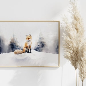 May include: A watercolor painting of a red fox sitting in a snowy forest. The fox is looking to the left, and the background is a soft blue and gray.