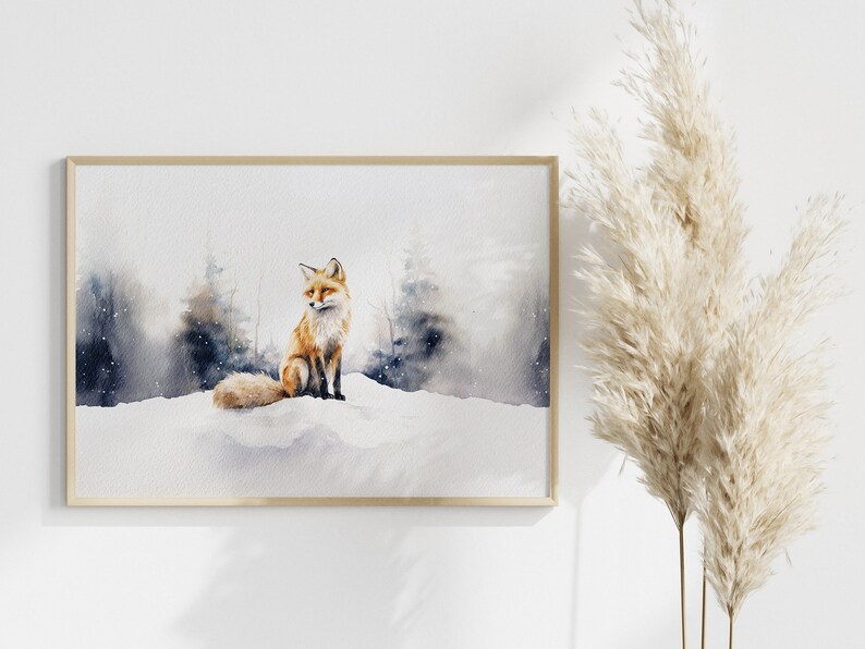 May include: A watercolor painting of a red fox sitting in a snowy forest. The fox is looking to the left, and the background is a soft blue and gray.