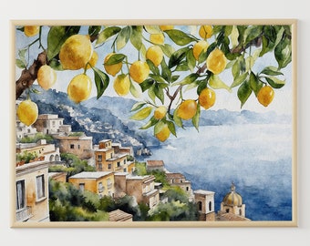 Positano pittura ad acquerello Lemon Tree opera d'arte paesaggio urbano italiano Wall Art Poster della Costiera Amalfitana