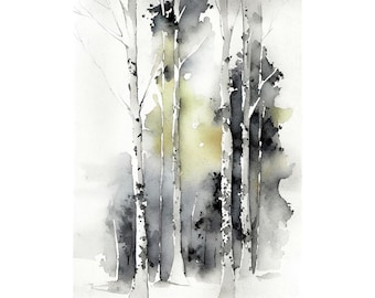 Birch Tree Watercolor Print Forest Painting Neutral Green Wall Art