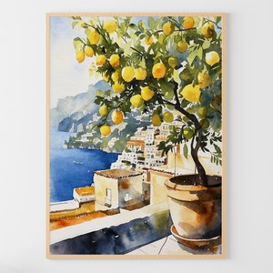 レモンの木の水彩画 ポジターノの絵画 イタリアの都市景観のポスター アマルフィ海岸のアートワーク 地中海の壁アート