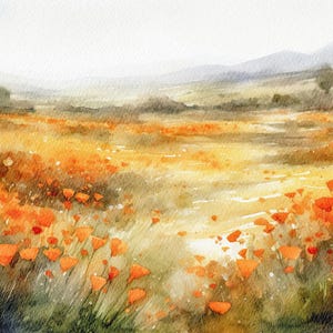 California Poppy Watercolor Painting Meadow Art Print California Landscape Wildflowers Artwork California Valley Art