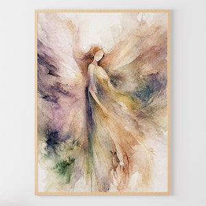 K&ouml;nnte beinhalten: Aquarellmalerei einer Frau mit wallendem Haar und einem langen Kleid, umgeben von weichen, abstrakten Formen in Violett-, Braun- und Gr&uuml;nt&ouml;nen.