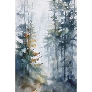 Pine Tree Watercolor Print Forest Painting Evergreen Tree Wall Art Blue Beige Wall Decor Pines Artwork