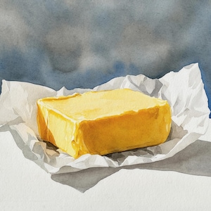 Irish Butter In Silver Foil Watercolor Print Food Painting Still Life Artwork Neutral Kitchen Wall Art