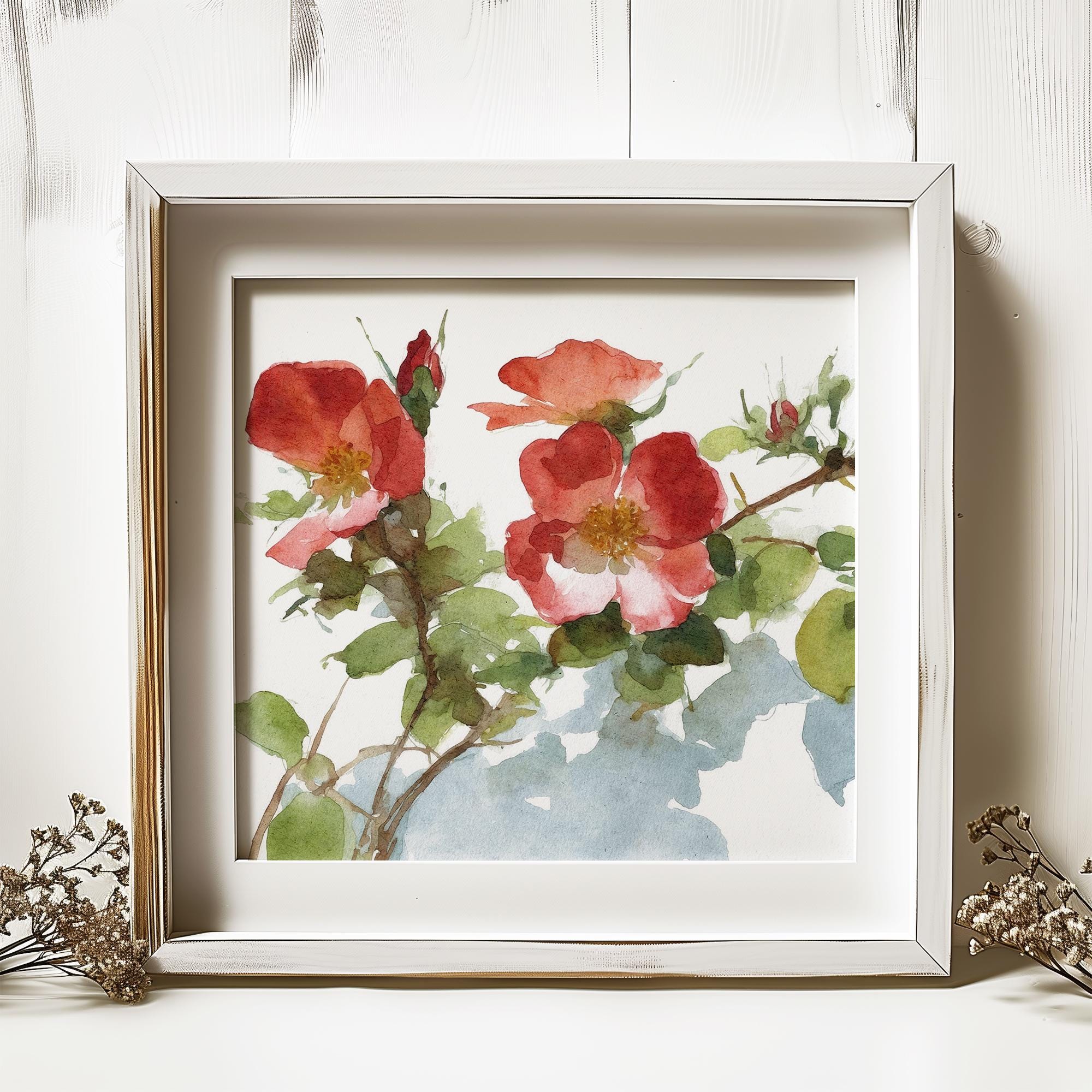 Wild Rose Watercolor Art Print Pink Flowers Painting Floral Wall ...