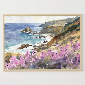Pintura de acuarela de la bahía de Monterey, impresión artística de la costa de California, obra de arte de la orilla del océano, paisaje de flores silvestres, decoración de pared de casa de playa