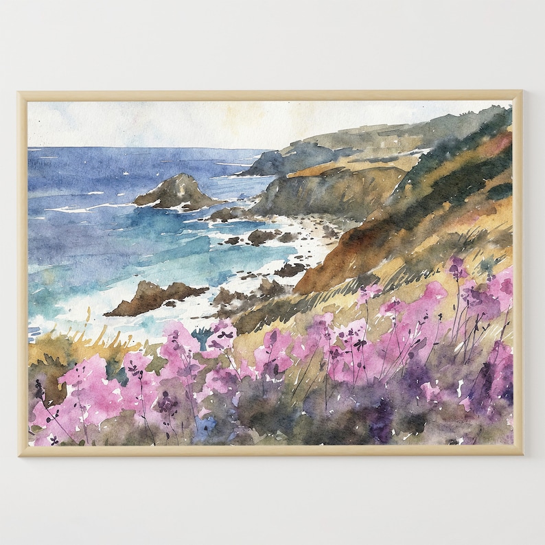 May include: Watercolor painting of a coastal landscape with a rocky shoreline, blue ocean, and a hillside covered in purple wildflowers.