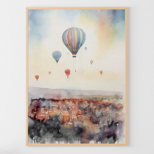 Hot Air Balloon Flying Over Town Painting Cityscape Watercolor Travel Poster Neutral Landscape