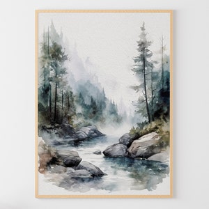 Salmon River Painting Pine Trees Watercolor Print Idaho Forest River Wall Art Mountain River Poster