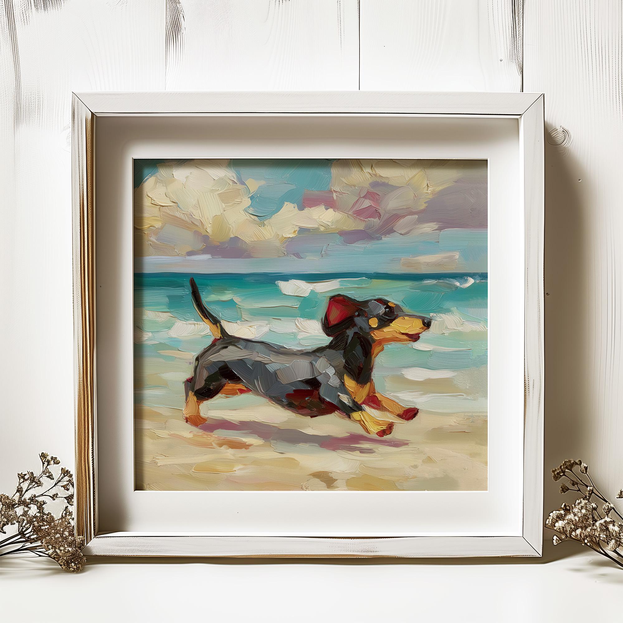 犬の油絵【海岸と犬】1点物の原画/作者サイン入り 犬の油絵【海岸と犬