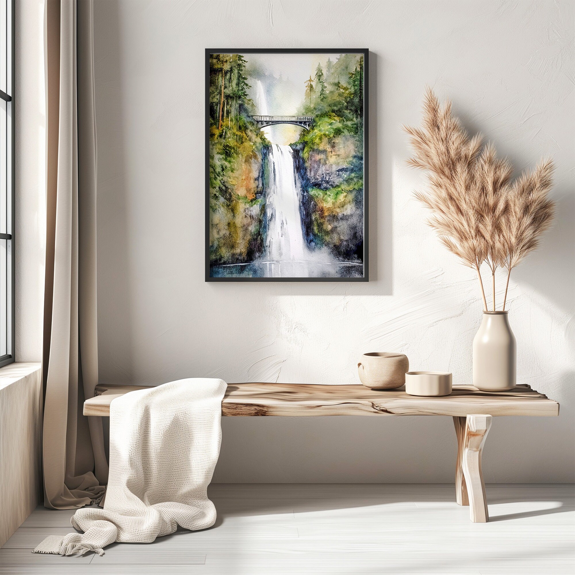 マルトノマ滝の水彩画、コロンビア川渓谷の絵画、オレゴンの風景、滝