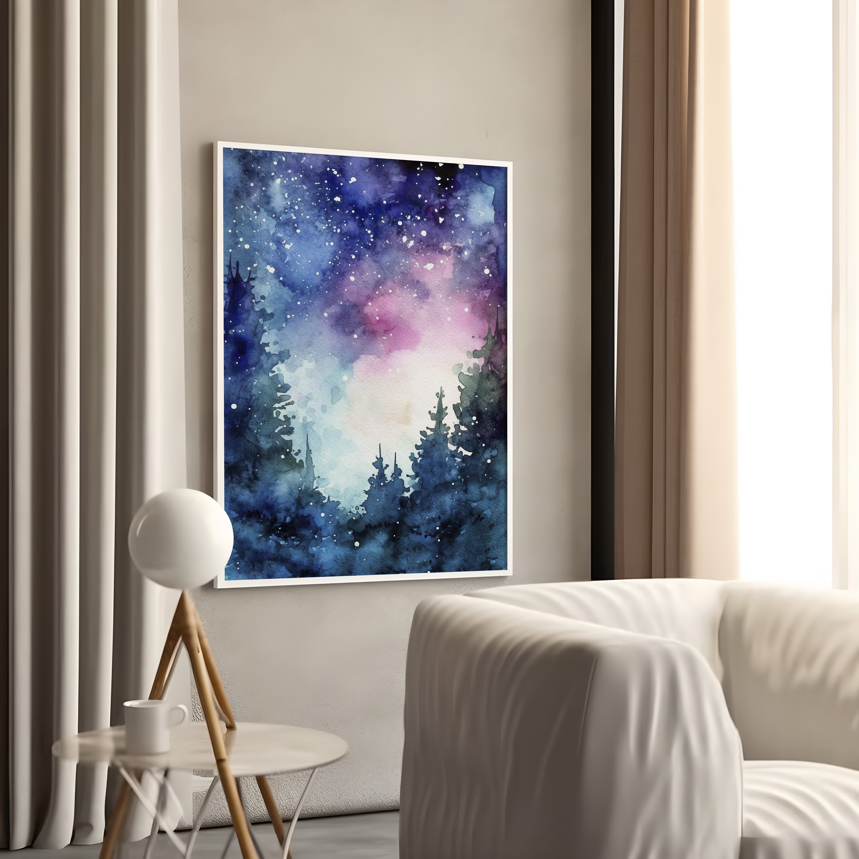 Starry Night Sky Watercolor Art Print: Forest Galaxy Poster - Etsy