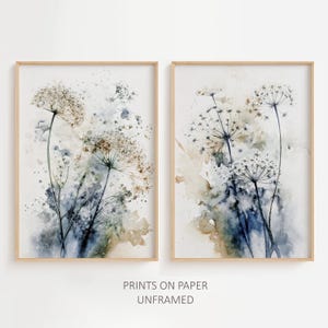 Queen Anne's Lace Set Of 2 Watercolor Art Prints Blue beige Wall Art Wildflowers Painting Floral Wall Art Flowers Poster