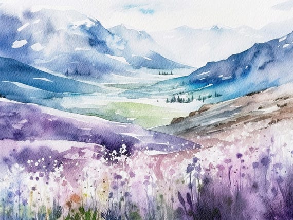 アルプスの絵画 山の谷 水彩画 アルプスの草原の風景 スイスアルプス