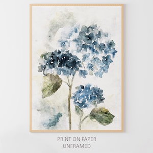 Hortensia Art Print blauwe bloem aquarel schilderij neutrale bloemen muur kunst tuin bloemen poster botanische kunst