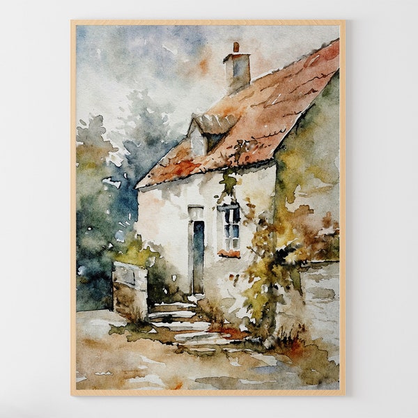 English Cottage Watercolor Art Print Cute Vintage House Painting Rural Wall Art Farmhouse Wall Decor