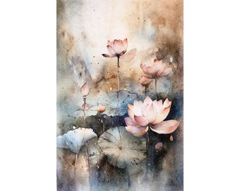 Pink Lotus Watercolor Art Print Floral Pond Painting Water Lilies Artwork