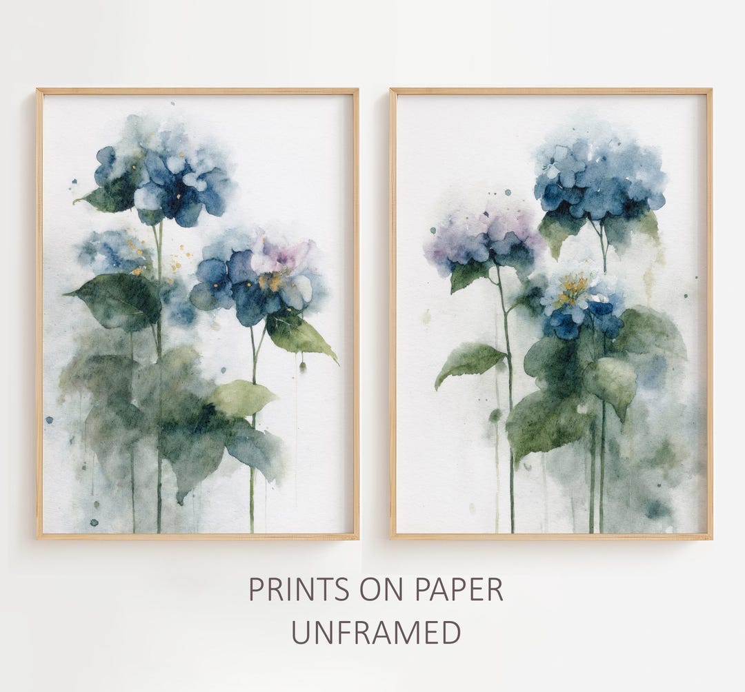 Hydrangea Set of 2 Watercolor Prints Blue Flowers Painting Floral Wall ...