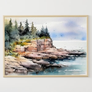 Lake Superior Watercolor Painting Michigan Landscape Rock North Shoreline Poster Great Lakes Art Print