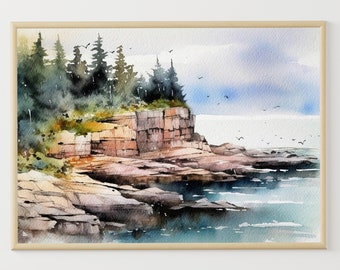 Lake Superior Watercolor Painting Michigan Landscape Rock North Shoreline Poster Great Lakes Art Print