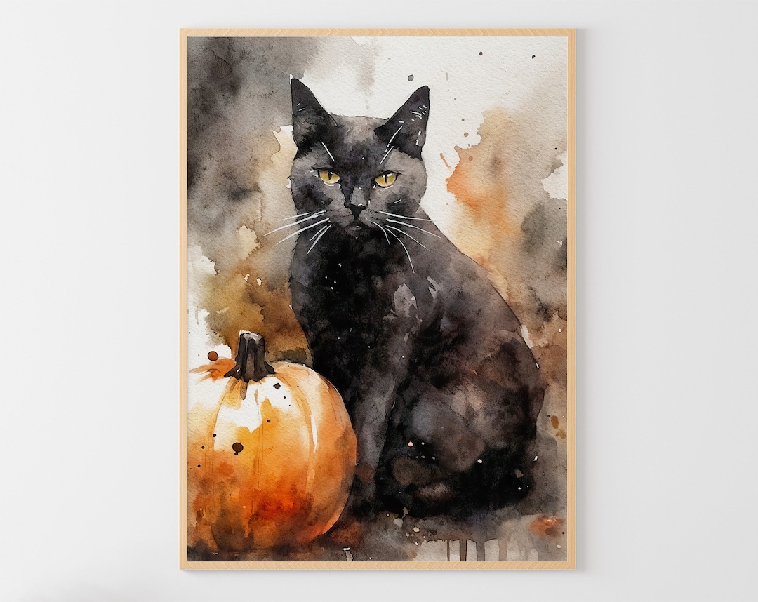 Black Cat Painting Pumpkin Watercolor Poster Halloween Art Print Autumn