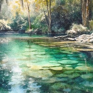 Crystal River Gemälde Florida Kunstdruck Wald Fluss Aquarell drei Schwestern Federn Kunst Landschaft Poster