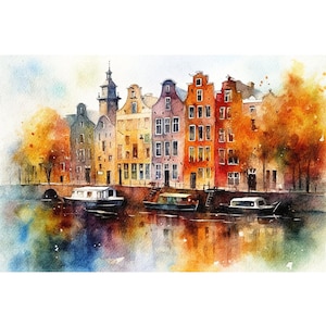 Amsterdam Painting Cityscape Watercolor Watercolor Architecture Art Print Old Town Artwork image 1