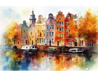 Amsterdam Painting Cityscape Watercolor Watercolor Architecture Art Print Old Town Artwork