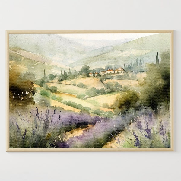 Tuscany Painting Lavender Watercolor Italian Landscape Cottage Wall Art Italia Travel Art Print