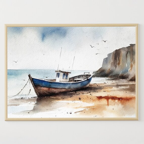 Old Boat Painting Fishing Boat Art Seascape Watercolor Coastal