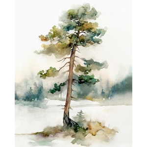 Pine Tree Watercolor Painting Forest Art Print Pine Landscape Neutral Nature Wall Art Evergreen Tree Poster