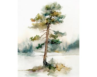 Pintura de acuarela de pino, impresión artística forestal, paisaje de pino, naturaleza neutra, arte mural, póster de árbol perenne