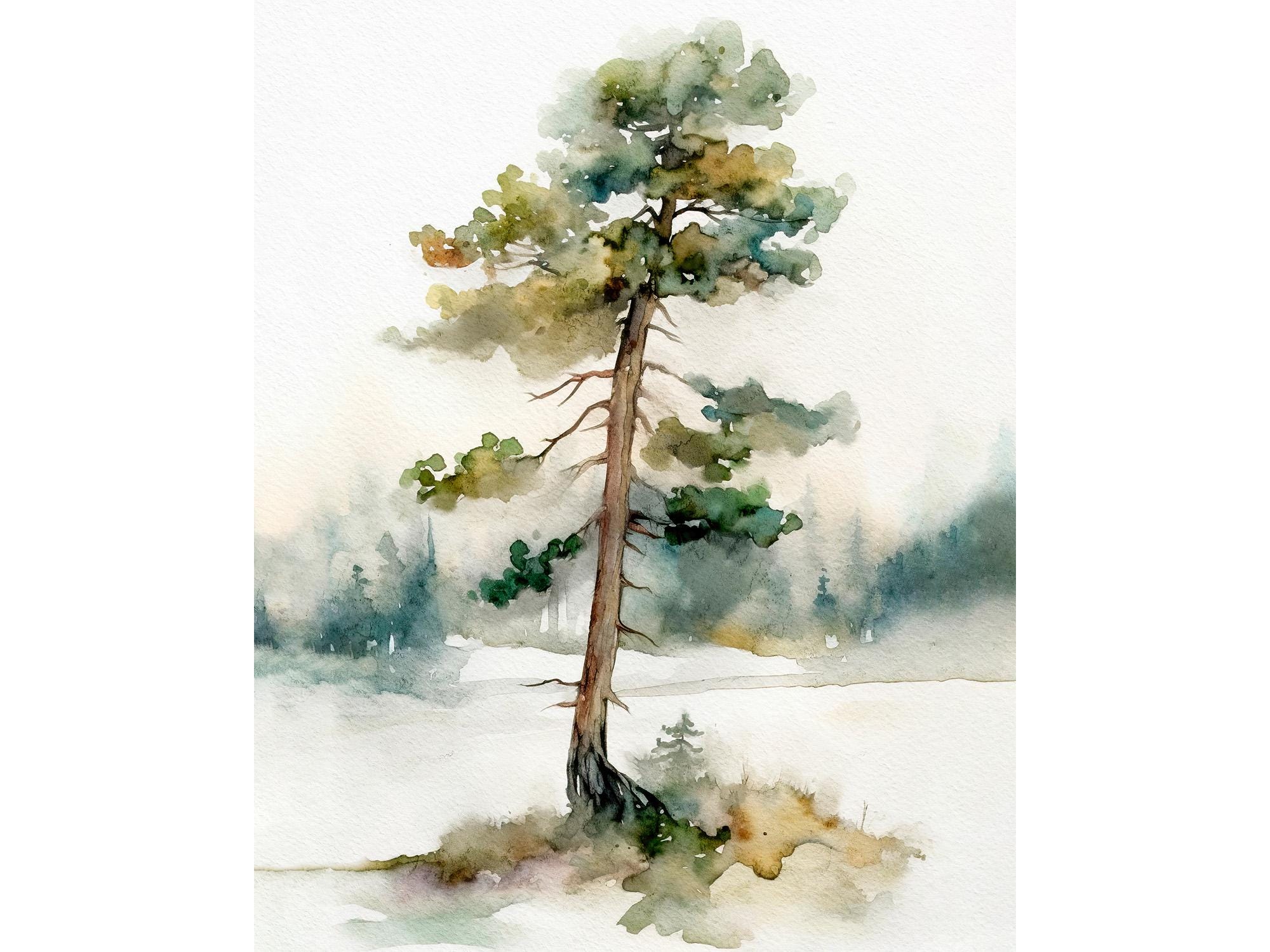 Pine Tree Watercolor Painting Forest Art Print Pine Landscape Neutral ...