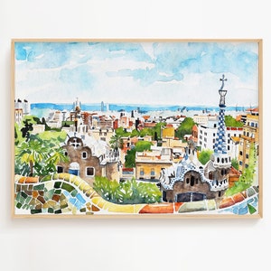 Barcelona Painting Spain Watercolor Art Print Cityscape Wall Art Europe Travel Poster