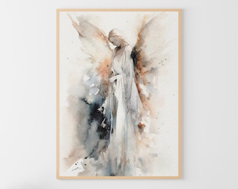 Peinture ange gardien, art mural religieux, ange, aquarelle, ange abstrait, impression d'art Art calme